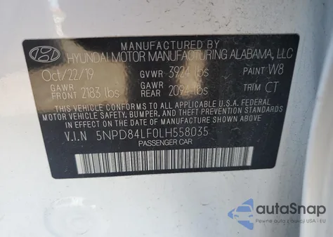 2020 Hyundai Elantra Sel z USA, uszkodzony, nr VIN 5NPD84LF0LH558035